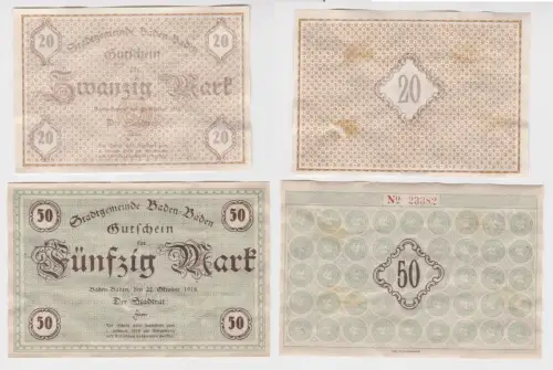 20 und 50 Mark Banknoten Notgeld Stadt Baden Baden 22.10.1918 (109872)