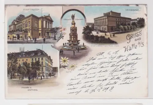 78352 Ak Lithographie Gruß aus Halle Universität, Kriegerdenkmal usw. um 1900