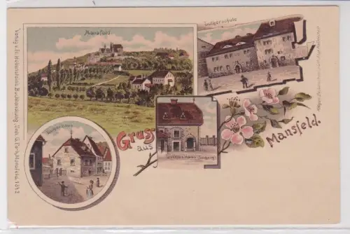 99782 Ak Lithographie Gruß aus Mansfeld Lutherhaus, Lutherschule usw. um 1900