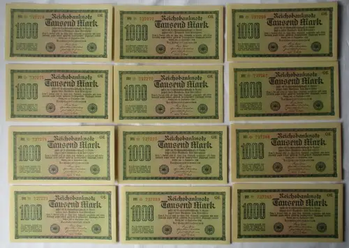 12 x 1000 Mark Banknote Berlin 1923 Ro. 73 fortlaufende Seriennummer (111321)