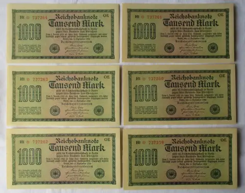 6 x 1000 Mark Banknote Berlin 1923 Ro. 73 fortlaufende Seriennummer (110255)