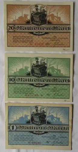 1, 10 & 20 Millionen Mark Banknote Lobstädt Gewerkschaft "Viktoria" 1923(120730)