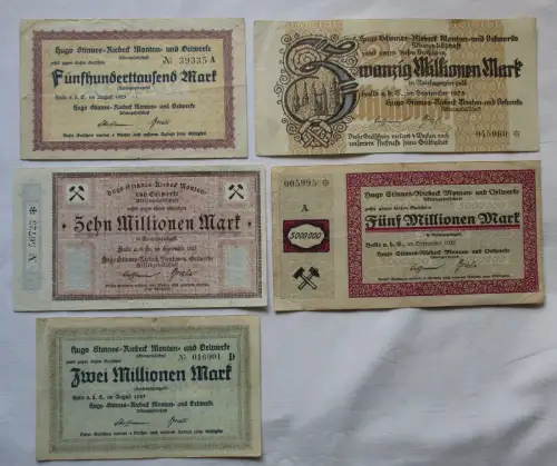 5 x Banknoten Halle Hugo Stinnes Riebeck Montan August 1923 (133846)
