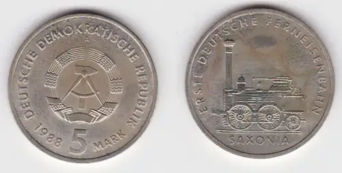 DDR Gedenk Münze 5 Mark erste deutsche Ferneisenbahn Saxonia 1988 Stgl. (140682)