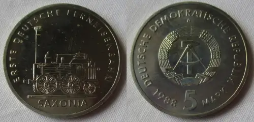 DDR Gedenk Münze 5 Mark erste deutsche Ferneisenbahn Saxonia 1988 Stgl. (156978)