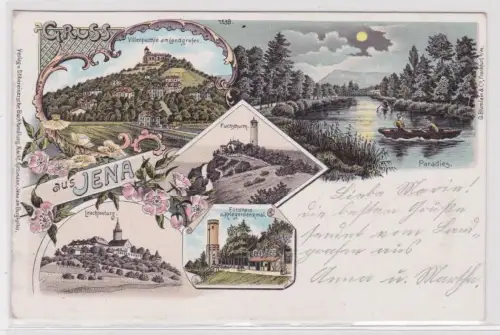 14470 Ak Lithographie Gruß aus Jena Forsthaus und Kriegerdenkmal 1898