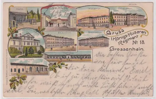 07692 Ak Lithographie Gruß v.1.Königs-Husaren Regiment Nr.18 Grossenhain 1907