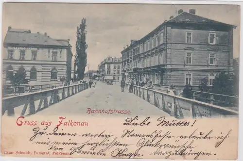 908441 Ak Gruß aus Falkenau Bahnhofstrasse 1898