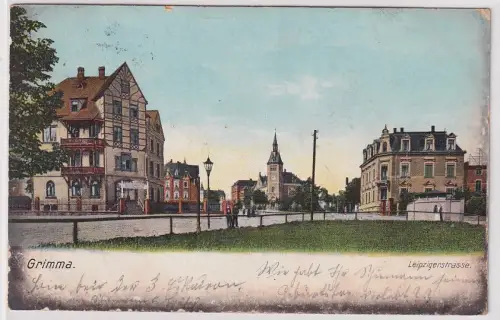 906071 AK Grimma - Leipzigerstrasse, Straßenansicht mit Gasthof 1908