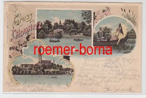 77769 Ak Lithografie Gruss aus Chemnitz Schlossteich, Insel mit Taubenhaus 1898