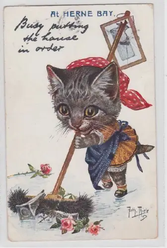 37125 Arthur Thiele Künstler Ak Katze kehrt ungeschickt mit Besen 1915