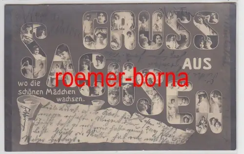 77978 Mikroskop Postkarte Grüsse aus Sachsen wo die schönen Mädchen wachsen 1904