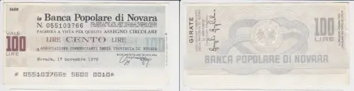 100 Lire Banknote Italien Italia  Banca Populare di Novara 17.11.1976 (153637)