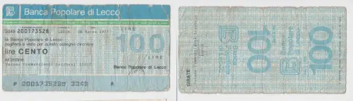 100 Lire Banknote Italien Italia Banca Popolare di Lecco 28.3.1977 (152351)