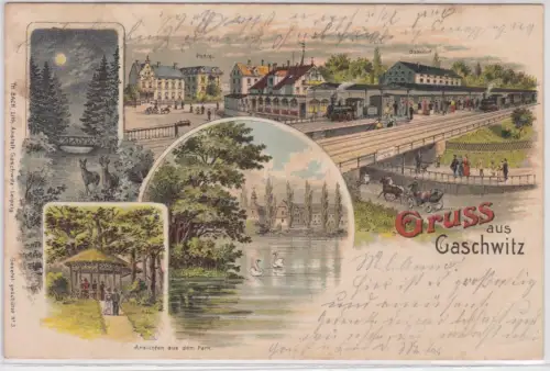 59519 Ak Lithographie Gruß aus Gaschwitz Bahnhof, Post usw. 1900