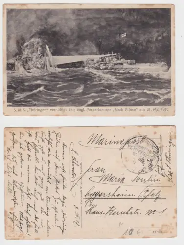 73082 Marinepost Ak SMS Thüringen vernichtet engl. Panzerkreuzer Black Prince