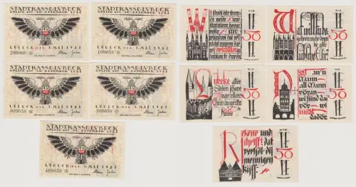 5 Banknoten Notgeld Notgeld Stadtkasse Lübeck 1.5.1921 (150563)