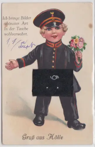 99212 Leporello Ak Gruß aus Hölle mit Briefträger um 1930