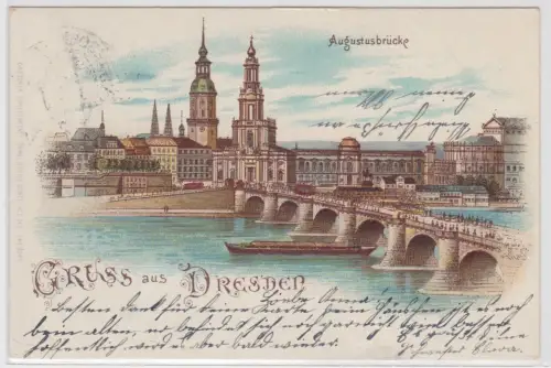 16248 Ak Gruss aus Dresden - Augustusbrücke, Semperoper, Frauenkirche 1900