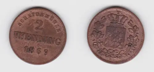 2 Pfennige Kupfer Münze Bayern 1869 ss (138612)
