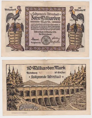 10 Milliarden Mark Banknote Stadtgemeinde Vöhrenbach 20.10.1923 (120636)