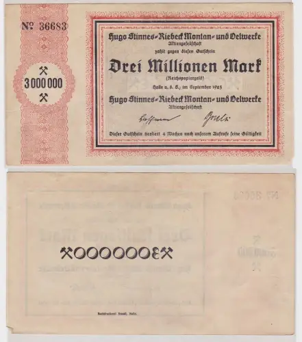 3 Millionen Mark Banknote Halle Hugo Stinnes Riebeck Montan 1923 (124709)