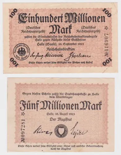 5 & 100 Millionen Mark Banknoten Reichsbahndirektion Halle 1923 (120012)