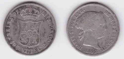 40 Centavos Silber Münze Spanien Isabella 1866 (123433)