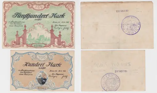 100 & 500 Mark Banknote Notgeld Stadt Sorau 22.9.1922 (134982)