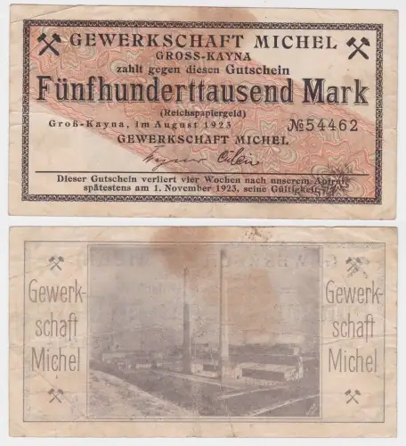 500000 Mark Inflation Banknote Gross Kayna Gewerkschaft Michel 1923 (121162)