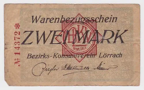 2 Mark Banknote Waren Bezugsschein Bezirks Konsumverein Lörrach  (108485)