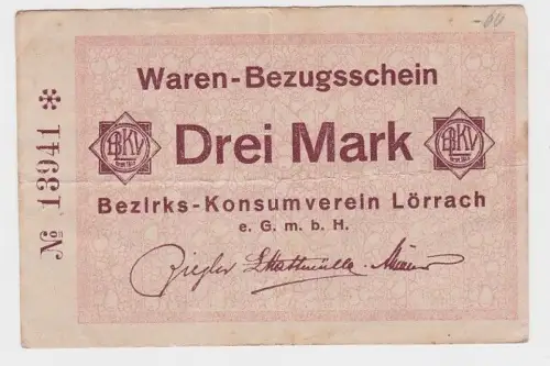 3 Mark Banknote Waren Bezugsschein Bezirks Konsumverein Lörrach  (105453)