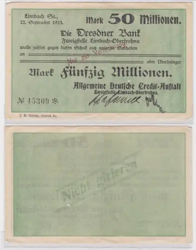 50 Millionen Mark Banknote Dresdner Bank Limbach 22.9.1923 (121679)