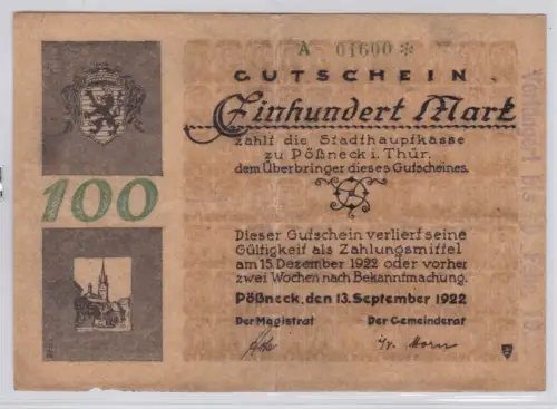 100 Mark Banknote Stadthauptkasse Pössneck 13.09.1923 (131599)