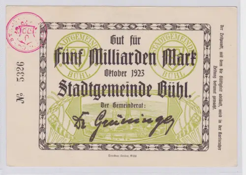 5 Milliarden Mark Banknote Stadtgemeinde Bühl Oktober 1923 (126212)