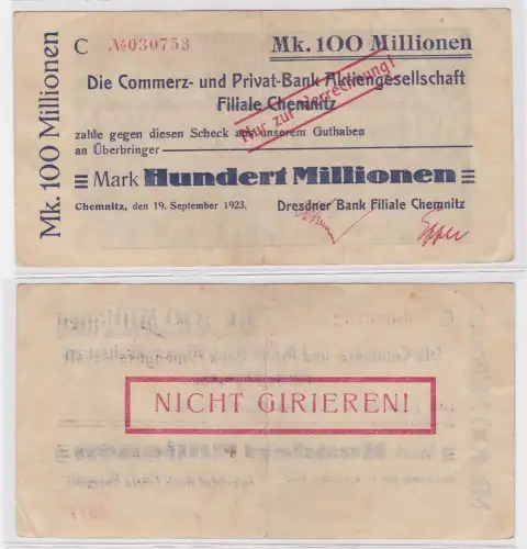 100 Millionen Mark Banknote Chemnitz Commerz & Privat Bank 19.09.1923 (121617)