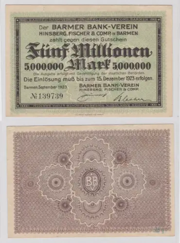 5 Millionen Mark Banknote Inflation Notgeld Barmer Bank-Verein 1923 (135698)