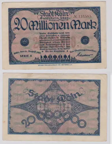 20 Mio Mark Banknote Inflation Notgeld Stadt Köln 24. August 1923 (137846)