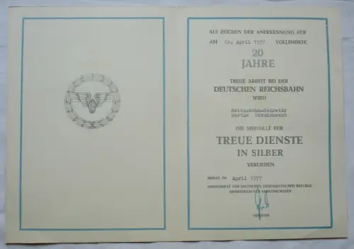 DDR Urkunde 20 Jahre Treue Dienste Silber Deutsche Reichsbahn Berlin (134084)