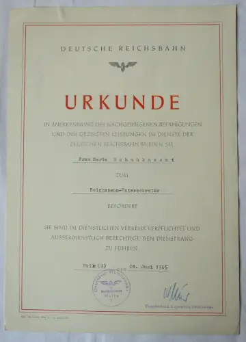 DDR Urkunde Beförderung Deutsche Reichsbahn Halle Reichsbahn U-Sekretär (134485)