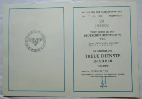 DDR Urkunde 20 Jahre Treue Dienste Silber Deutsche Reichsbahn Berlin (133898)