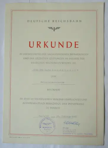 DDR Urkunde Beförderung Deutsche Reichsbahn Halle Reichsbahn Sekretär (134501)