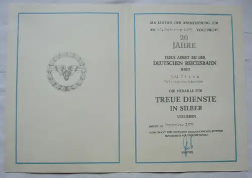 DDR Urkunde 20 Jahre Treue Dienste Silber Deutsche Reichsbahn Berlin (134776)