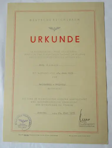 DDR Urkunde Beförderung Deutsche Reichsbahn Dresden Reichsbahn Sekretär (134488)