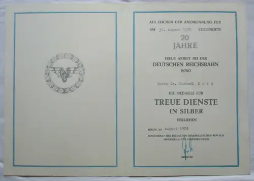 DDR Urkunde 20 Jahre Treue Dienste Silber Deutsche Reichsbahn Berlin (130025)