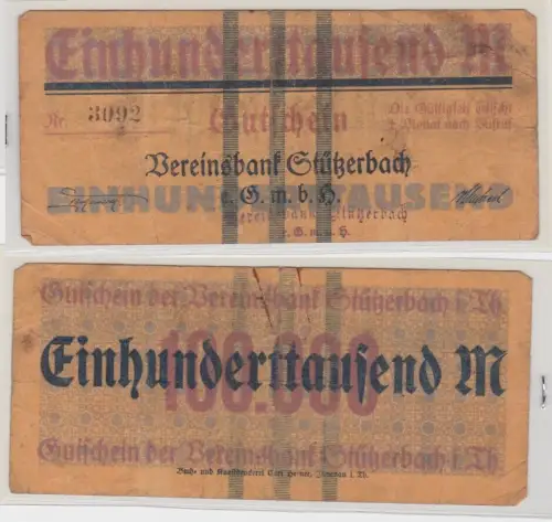 100000 Mark Banknote Inflation Vereinsbank Stützerbach 1923 (144048)