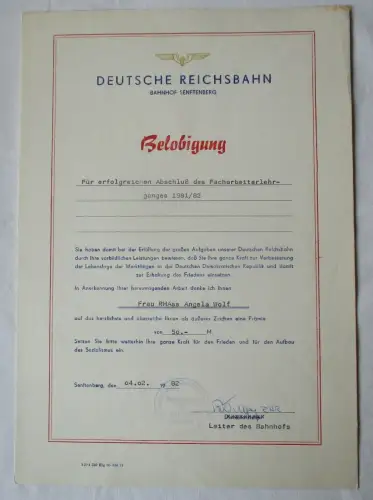 DDR Urkunde Belobigung Deutsche Reichsbahn Bahnhof Senftenberg 1982 (135866)