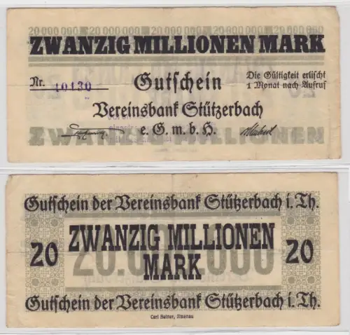 20 Millionen Mark Banknote Inflation Vereinsbank Stützerbach 1923 (142983)