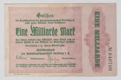 1 Milliarde Mark Banknote Inflation Notgeld Stollberg 12. Oktober 1923 (137855)