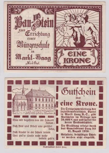 1 Krone Banknote Baustein Errichtung der Bürgerschule Markt Haag 1920 (126588)